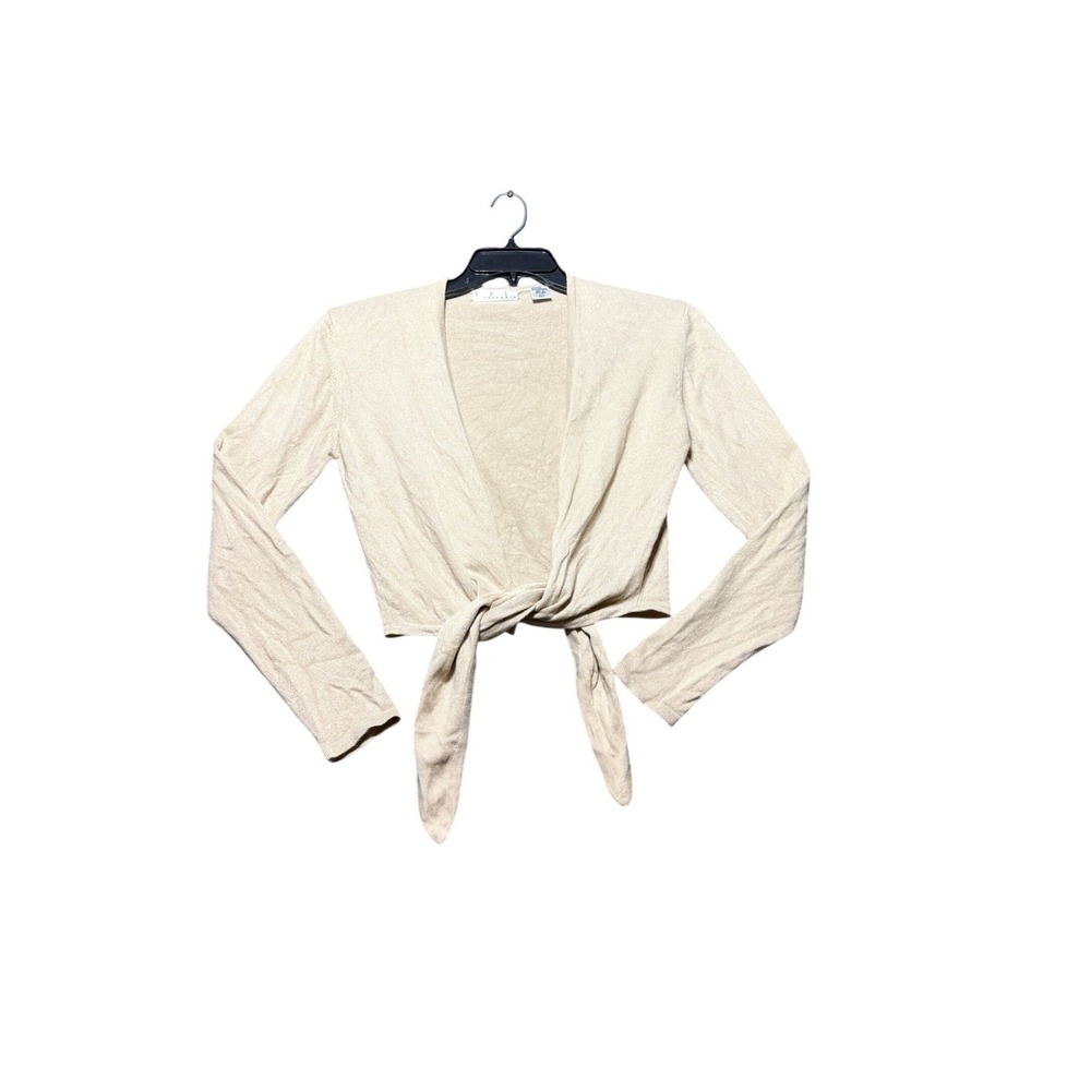 TSE Cashmere Wrap Cardigan Women Large Tan Excellent Silk Blend Tie Front